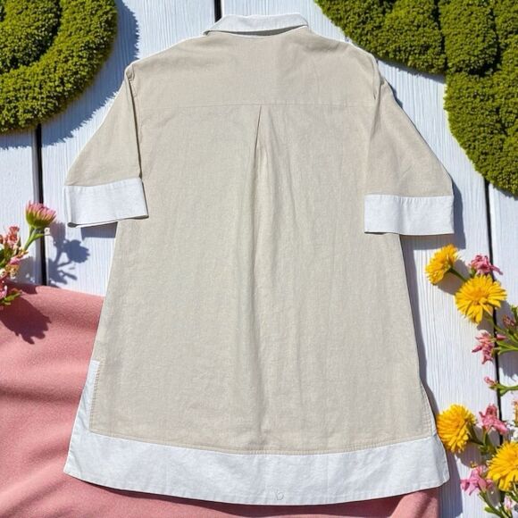 Cynthia Rowley Shirt XL Beige White Tunic Linen Blend Trim Minimalist NEW - Picture 2 of 7